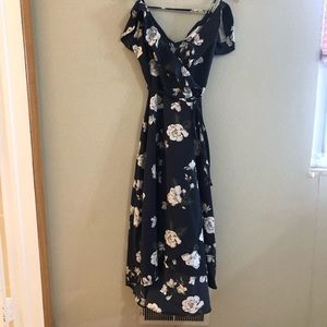 Floral Open Shoulder Midi Wrap Dress